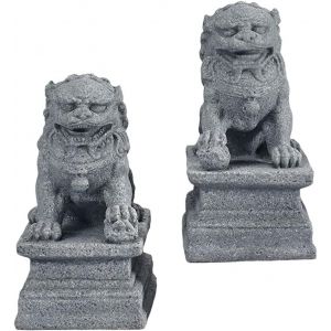 Mevronisshop-Lot De 2 Petites Sculptures De Lion En Pierre Chinoise - Statue De Lion - Statuettes Feng Shui - Pour Le Jardin, La Maison, Le Bonsaï - Neuf