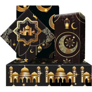 Lot de 8 feuilles de papier cadeau pour l'A&iuml;d Mubarak, 4 styles, motif &eacute;toile, lune, mosqu&eacute;e, lanterne, pour d&eacute;corations de l'A&iuml;d - Neuf