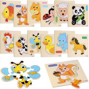 ERYI-Puzzle Bois Enfants, 12 Pièces Puzzle Jeux Educatif Animaux, Montessori Puzzles Jouet, Jeux Puzzles Enfant 1 2 3 Ans, Animaux Jigsaw Puzzle Pour Garçons Filles - Neuf