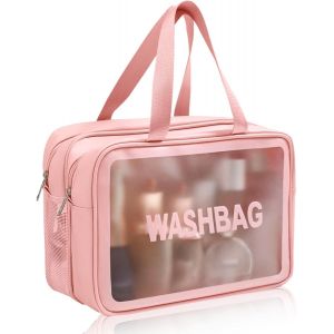 KALANKA-Trousse de Toilette Maquillage Femme Sac Transparent Voyage avec Poignée à Fermeture Éclair Pochette Maquillage Sacoche Transparente Grande Toiletry Bag Travel Wash Bag pour Femme Homme (Rose - Neuf