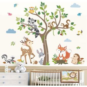 ERYI-Stickers Muraux Enfant Animaux Forêt Arbre Autocollant Mural Cerf Renard Lapin Verte Feuilles Décoration Murale Bébé Pépinière Chambre Enfants - Neuf