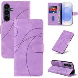 CAUC-Coque Compatible avec Samsung Galaxy S25 FE 5G (Pas pour S25) avec 1 Pièce Protection Écran en Verre Trempé, Housse PU Cuir à Rabat Flip, Étui Support et Portefeuille Fonction (Violet) - Neuf