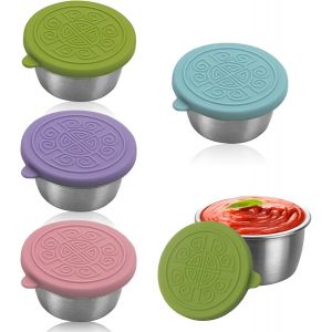 Mevronisshop-Lot De 4 Récipients À Vinaigrette Avec Couvercles En Silicone (Vert Bleu Foncé Orange Rose) Récipients À Vinaigrette En Acier Inoxydable Mini Tasses À Sauce Réutilisables Pour Collations - Neuf