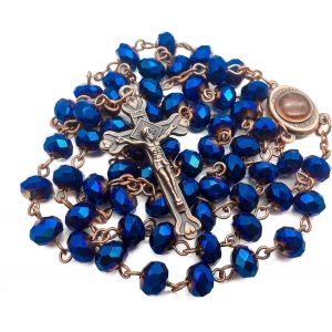 Store Perles De Cristal Bleu Profond Chapelet Collier Catholique Sol Sacr&eacute; M&eacute;daille Croix Crucifix Antique Design Chapelet En Sac De Velours - Neuf