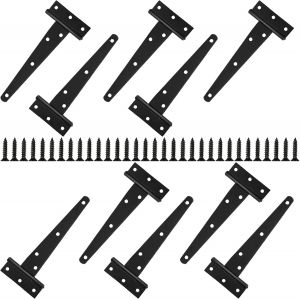 Lot de 10 Charni&egrave;res Porte en T Robuste, 15 cm Charni&egrave;re de Porte en Bois M&eacute;tallique Noire pour Porte en Bois, Porte D'armoire Spendue, Charni&egrave;re de Porte de Remise, Jardin de Cl&ocirc;ture - Avec 70 Vis - Neuf