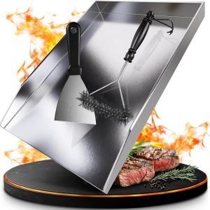 Ulteronixshop-Plaque de cuisson - Plancha en acier inoxydable &eacute;pais - 40 x 30 cm - Convient pour barbecue &agrave; gaz et barbecue &agrave; charbon - Plus : brosse et spatule - Neuf