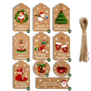&iquest;Style Un&iquest;100 Morceaux de Papier Kraft de No&euml;l Balises avec de la Ficelle, Papier Kraft Brun No&euml;l Balises, Cachet et &Eacute;tiquette de Cadeau de No&euml;l Emballage, 10 Dessins pour la D&eacute;coration de No&euml;l - Neuf
