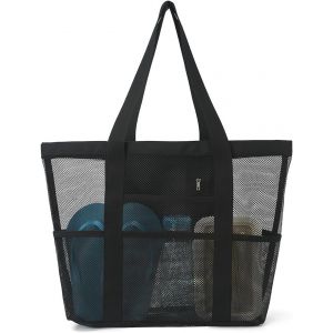 Sac De Plage En Maille Pour Femme Avec Fermeture Éclair, Sac De Plage Pliable, Grand Sac Fourre-Tout, Imperméable, Anti-Sable, Sac De Piscine Avec Fermeture Éclair, Sac À Main Léger Noir Pou[H3352] - Neuf