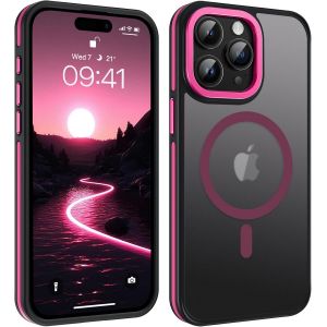Maa-Translucide Coque Iphone 15 Pro Mate, Magnétique Coque Compatible Avec Magsafe Avec Aimant Puissant Pour Iphone 15 Pro Case Etui Antidérapante Housse Fin, Rose Fluo - Neuf