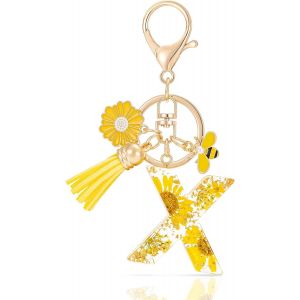 KAL-Letter Keychains Initiale Lettre Porte Clef Lettre,Alphabet Initial Keyring Avec Pampille Pendentif,Jaune Pétales Feuille D'Or Key Ring Pour Femmes Filles Portefeuilles Sac À Main Charme - Neuf