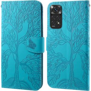KAL-Coque Pour Redmi Note 11 4G/Redmi Note 11S, Arbre De Vie Papillon Motif Housse En Cuir Synth&eacute;tique Cover &Agrave; Rabat, Portefeuille &Eacute;tui De Protection Avec Fentes Pour Cartes, Bleu Vert - Neuf