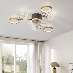 Checarzhn--No1-Ventilateur De Plafond 37"" Avec Lumière, 6 Lumières Flush Mount Avec Anneau Doré Et Abat-Jour En Verre Transparent, Plafond Fandelier Avec Télécommande Pour Salon, 6 Vitesses, Minuteri - Neuf