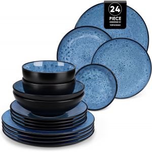 Mevronisshop-Service De Table Pour 6 Personnes, Service Vaisselle 24 Pièces En Grès - 6 Assiettes Plates, 6 Assiettes À Dessert, 6 Assiettes Creuses Et 6 Bols - Glaçure Bleu, Compatible Micro-Ondes - Neuf