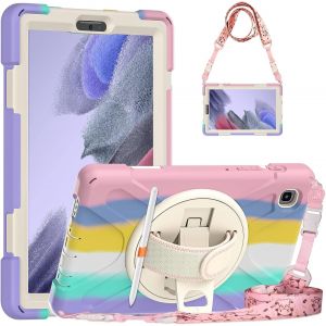 Coque Antichoc Pour Galaxy Tab A7 Lite 8.7""(Sm-T220/T225), &Eacute;tui Solide Costaud Avec B&eacute;quille Rotatif, Bandouli&egrave;re Et Poign&eacute;e R&eacute;glable, Protection Pour Tablette Samsung Tab A7 Lite, Rose Color&eacute; - Neuf