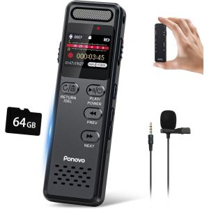 JEXNOVASHOP-96Go Enregistreur Vocal Num&eacute;rique, 100H Enregistrement Continu Dictaphone Audio 1536Kbps Activation Vocale avec Micro, 1100mAh Mini Enregistreur Portable avec Mot de Passe pour Interview - Neuf