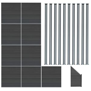 Kit Cl&ocirc;ture Panneaux En Bois Composite Gris 9 Quadratique Et 1 Inclin&eacute; 185 H X 16,6 M L & 10 Poteaux En Aluminium &Agrave; Led Solaires Lames &Agrave; Embo&icirc;ter Texture Bois Reversible Pvc Brise-Vue Ext&eacute;rieur Jardin - Neuf