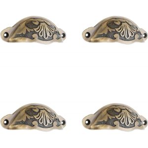 Lbgwp60-Lotde 4 Poignées De Porte En Laiton Massif Avec Motif Floral Et Coquillage - Finition Laiton Antique - Convient Pour Placard De Cuisine, Tiroir, Porte De Meubles - 100 Mm - Neuf
