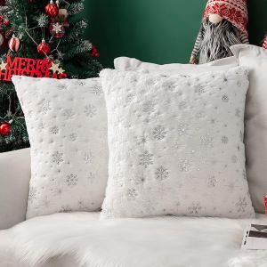 Ksfal-Housses De Coussins Noël Fausse Fourrure Doux En Polyester Décoratif En Motifs De Flocon De Neige Brillants Moderne Décorer Pour Salon Bureau Canapé 2 Pièces 45x45cm Blanc - Neuf