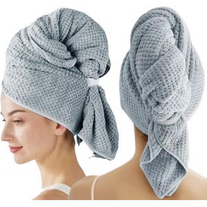 2 Pi&egrave;ces Serviettes Microfibre Pour Cheveux Longs, 100 X 60 Cm Serviette Cheveux Boucl&eacute;s, Avec Bande Elastique, Anti-Frisottis, S&eacute;chage Rapide Super Absorbant, Pour Cheveux Longs, Epais Et Boucl&eacute;s - Neuf