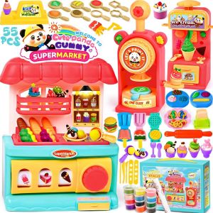 55 Pièces Pâte À Modeler pour Enfants avec 12Pots,Kit DIY Glacepour,Accessoires Pate a Modeler et Créer des Hamburgers,Set de Jouets Panda Gummies Supermarché Cadeau de Jouet Enfan 2 Ans - Neuf