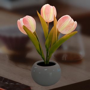 Veilleuse Tulipe Avec Vase En Céramique Led Lampe De Table, Lampe De Table À Fleurs Artificielles Pour Mariage Dans Le Salon Familial (Rose) - Neuf