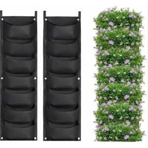 Lot de 2 jardinières suspendues, jardinières murales verticales à 7 poches, pour jardinage intérieur et extérieur, pot de fleurs vertical vert (noir) - Neuf
