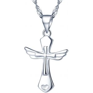Pendentif Collier En 925 Argent Pur La Croix Religieuse Et L'aile Classique Pour Femme Fille Couleur D'argent - Neuf