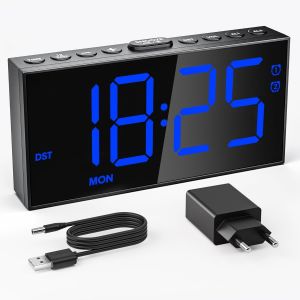 ERYI-Réveil Numérique, Double Réveil Avec Mode Jours Ouvrables/Week-End, Chargeur Usb Type-C,Volume & Luminosité Réglables Sur 5 Niveaux,Snooze,12/24H,Dst(Bleu) - Neuf