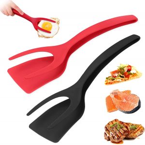 Spatule Retourne-?Ufs 2 Pi&egrave;ces 2 En 1 Spatule De Pr&eacute;hension Et De Retournement Pinces Spatules Pour La Cuisine Retourneur D'?Ufs Spatule Retourne-?Ufs Cr&ecirc;pe Poisson Pain Perdu Omelette (Noir Et Rouge) - Neuf