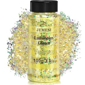 Kalanka-Lumineuse Paillettes, 100g Fluorescent Paillette Pour Visage, Qualit&eacute; Cosm&eacute;tique Paillette Pour Corps, Cheveux, Diy R&eacute;sine &Eacute;poxy, Art De F&ecirc;te Du Festival Et Plus - Jaune - Neuf