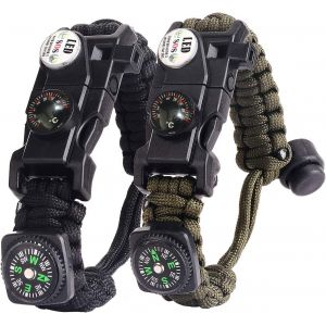 Bracelet Paracorde Survie Pour Homme Femme, Militaire Paracorde Bracelet Kit Avec Flint + Boussole + Thermom&egrave;tre+ Sifflet + Lumi&egrave;re Led Pour Ext&eacute;rieur, Randonneur, Baroudeur, Explorateurs (Noir+Arm&eacute;e Verte) - Neuf