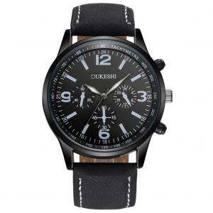 Simple Business Classique Hommes Pu Strap Cadran Rond Montre Quartz Analogique Montre-Bracelet (Noir) - Neuf