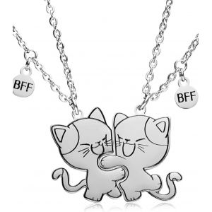 Kal-2 Pcs Collier Pendentif Chat Assorti Filles Collier D'amitié Chat En Acier Inoxydable,Meilleurs Amis,Collier Pendentif S?urs Cadeau De Bijoux D'amitié,Pour Amis,Amoureux,Cadeau Saint Valentin - Neuf