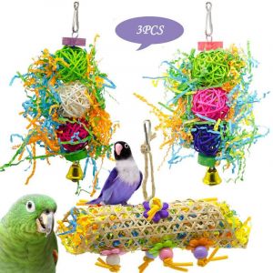 Lot De 2 Jouets À Mâcher Pour Perroquets, Jouets Et Accessoires Pour Cages Pour Perroquets, Jouets Pour Perroquets, Boules De Rotin Brossé, Jouets En Bois Et Herbe - Neuf