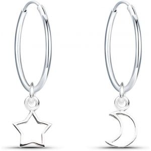 Kal-Boucles D'oreilles En Argent 925 Petite Boucle D'oreille Creole Diam&egrave;tre 16 Mm Cr&eacute;oles Lune Et Etoile Boucles D'oreilles Pour Femme Filles - Neuf
