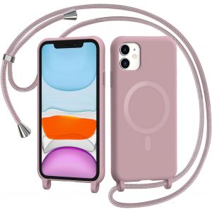 Maa-Coque Magnétique Pour Iphone 11 Avec Cordon, Compatible Avec Magsafe Collier Étui Silicone Liquide Avec Tour De Cou Lanière En Corde Souple Tpu Antichoc Housse, Rose - Neuf