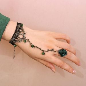 Kal-Bague Dentelle Bracelet Gothique Dentelle Noire Esclave Bague Bracelet Cristal Taseel Cha&icirc;ne Dentelle Bague Bracelet Rose Fleur Bague Bracelet Lolita Cosplay Bijoux Pour Femmes Filles (Vert) - Neuf