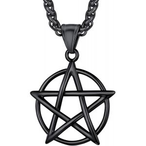 Kal-Pendentif Pentacle Homme Noir En Acier, Collier Wicca Amulette Pentagramme Encercl&eacute; - Neuf