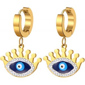 Kal-Boucle D'oreille Acier Inoxydable: Boucle D'oreille Cr&eacute;oles Femme Dor&eacute; Mauvais ?il Avec Pendentif Bombe Etoile Fantaisie - Cadeau Femme Anniversaire - Neuf