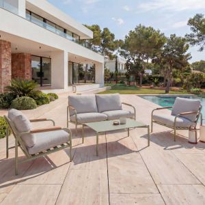 Ensemble de jardin en aluminium HWC-O11, banc 2 places d'ext&eacute;rieur, fauteuil, canap&eacute;, ol&eacute;fine (205 g/m&sup2;)vert clair, rembourrage beige - Neuf