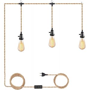 Subzonal-Kit De Lustre Corde De Chanvre Vintage Cable Suspension Luminaire Avec Interrupteur Et Prise Eu Diy 3-Flamme Suspension Lampe Textile C&acirc;ble Corde E27 D&eacute;cor Eclairage Chambre Salon Cuisine Ma - Neuf