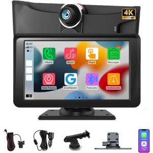 CarPlay Android Wireless Car Screen with 4K Front Camera,1080P Rear View Camera,7 Inch Mobile Touch Screen,Mirror Link,G00gle Navigation,Bluetooth 5.0,Siri,FM,AUX,Recorder - Neuf
