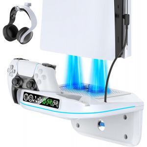 Support de Refroidissement Mural PS5 avec Chargeur de Manette, Ventilateur avec 3 Vitesses et &Eacute;clairage Ambiant RVB, Support PS5 Compatible avec PS5/ Slim/ Pro, Station de Recharge et Accessoire PS 5 - Neuf