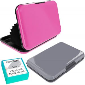 KALANKA-Porte Carte Homme Femme 2 Pieces Aluminium avec systeme de Verrouillage RFID Lutte Contre la fraude Anti-sans Contact Grande capacite Gris et Rose - Neuf