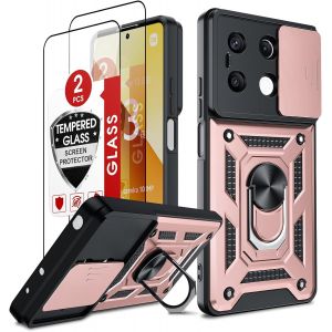 Kal-Coque Pour Xiaomi Redmi Note 13 5g(Pas 4g) Anneau Avec 2*Verre Trempé+Full Protection Caméra Coulissante, Étui De Pc Dur Et Tpu Silicone Militaire Anti-Rayures Coque Redmi Note 13 Antichoc-Rose - Neuf