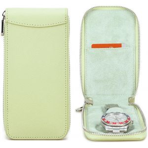 Kal-Étui De Voyage Pour Montres - En Cuir Saffiano - Portable - Fermeture Éclair - Vert Clair - Neuf