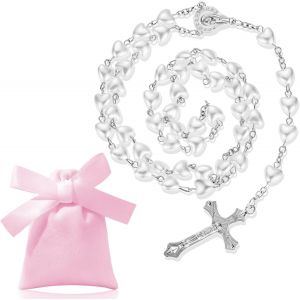Kal-Collier Catholique De Perles En Verre Collier De Rosaire À Breloque Crucifix En Métal Argent Collier De Perles De Prière Sainte Collier De Chapelet Religieux Avec Sac À Cordon En Velours - Neuf
