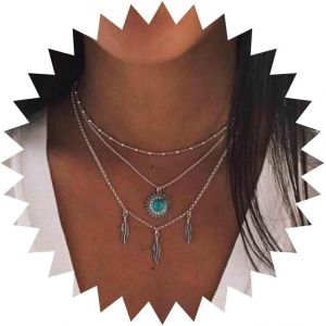 Kales-Collier Turquoise Multicouches Boho Argent Vintage Ethnique Collier Tournesol Pampilles Feuilles Superpos&eacute;es Collier Pendentif Plume Soleil Bijoux Pour Femmes Et Filles - Neuf