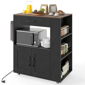 Desserte de Cuisine avec Station de Recharge COSTWAY, Roues Verrouillables, Portes, Tiroir, Porte-&Eacute;pices Porte-Serviettes, Noir - Neuf