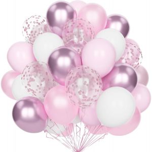 Pastel Pink White Balloons, 60 Pcs 12 Inch Balloons Party Pink Baby White Metallic Pink With Pink Confetti Balloons Latex Helium For Decoration Birthday Wedding Girls Baby Shower Birthday - Neuf